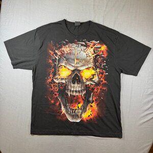 Y2K Spiral Direct Skull Blast Graphic T-Shirt Mens XXL 2XL Goth Grunge Flames